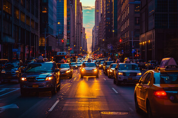 A busy city street with many cars and taxis - obrazy, fototapety, plakaty