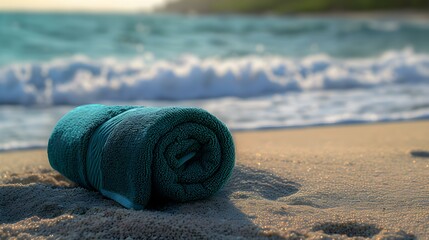 Close up of a emerald rolled Towel on Beach Sand. Vacation Background with Copy Space - obrazy, fototapety, plakaty