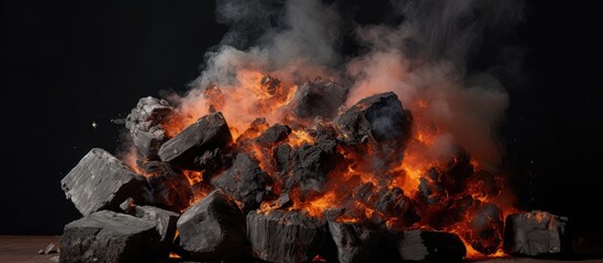 A pile of rocks releasing a large amount of smoke, likely due to a fiery conclusion where a burned out coal briquette met its fate. The smoke rises ominously from the rocks, creating a stark contrast - obrazy, fototapety, plakaty