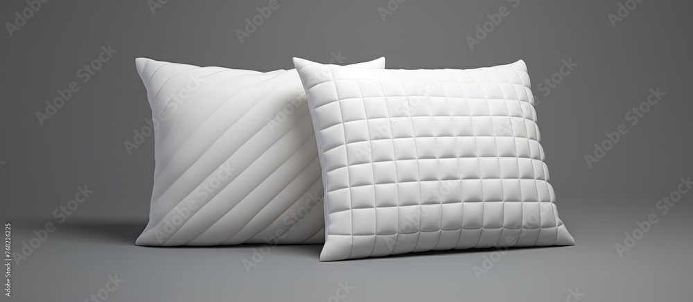 Poster a pair of soft pillows in white fabric resting on a smooth grey surface with a plain grey background
