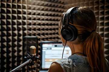 Woman in soundproof room prepares material for voice recording focusing on professional vocal delivery for dubbing or voiceover work. Concept Voiceover Preparation, Soundproof Studio - obrazy, fototapety, plakaty
