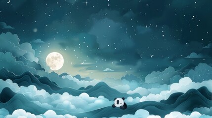 A watercolor illustration of baby animals sleeping in pastel blue skies with a panda, elephant and koala.