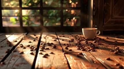 Coffee beans and a cup of coffee on a wooden floor in the morning. - obrazy, fototapety, plakaty