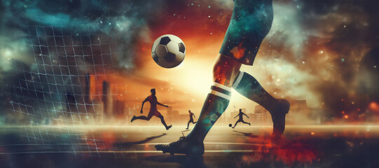 Artful double exposure shows a soccer player kicking a soccer ball into the goal. It is evening on a soccer field in a city.