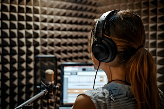 Woman in soundproof room prepares material for voice recording focusing on professional vocal delivery for dubbing or voiceover work. Concept Voiceover Preparation, Soundproof Studio