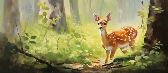 A detailed painting of a deer standing among tall trees in a lush forest, showcasing the harmony between animal and nature.