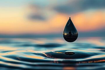 Large black drop falls on the surface of the water against a sunset background. Generated AI