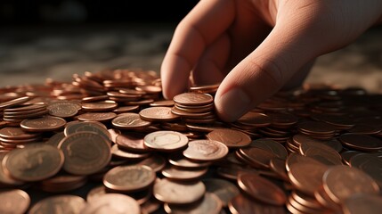 A photo of a close-up of a hand with a pile of coin - obrazy, fototapety, plakaty