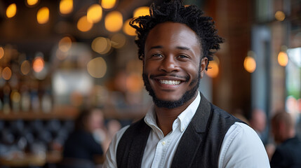 Portrait of a smiling young man with dreadlocks, dressed in smart casual attire, in a modern restaurant setting.