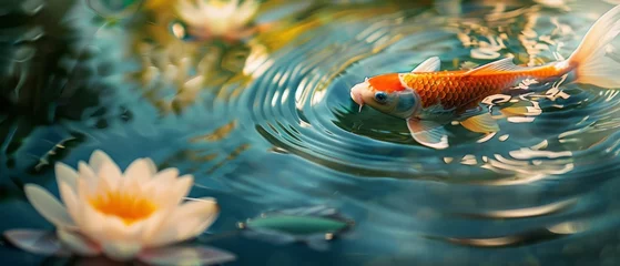Foto op Canvas Koi Fish Swimming Among Water Lilies © DigitalMuseCreations