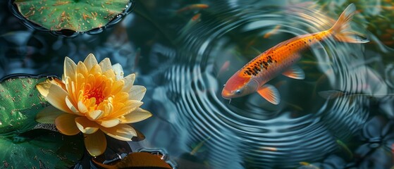 Fototapeta na wymiar Koi Fish Swimming in Pond With Lily Pads