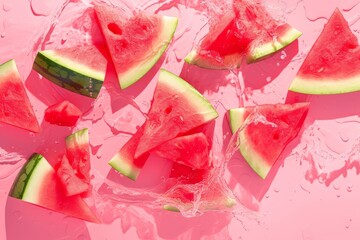 Fresh ripe sliced watermelon slices in splashes of water, healthy fruit