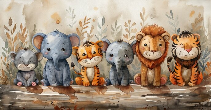 Watercolor Illustration featuring elephants, lions, giraffes, tigers, zebras and monkeys.