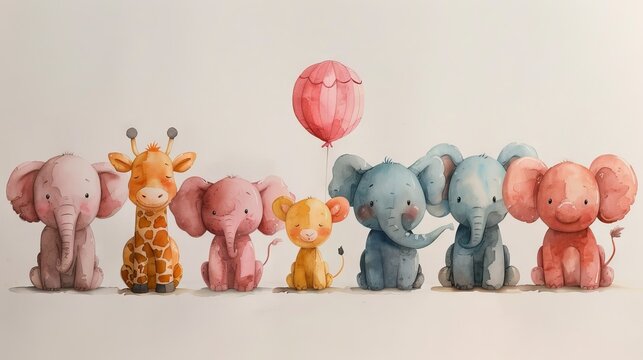 Watercolor illustration of circus animals for a nursery