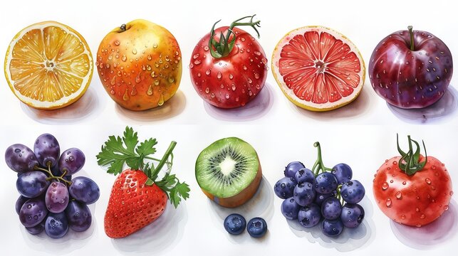 Modern illustration of watercolor vegetables and fruits. As a template you can use it for your own design.