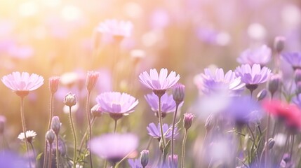 Beautiful wildflowers on a meadow with blurred sunlight background. Nature landscape concept.