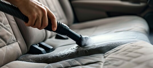 Car interior detailing, cleaning fabric car seat with foam and vacuum cleaner - obrazy, fototapety, plakaty