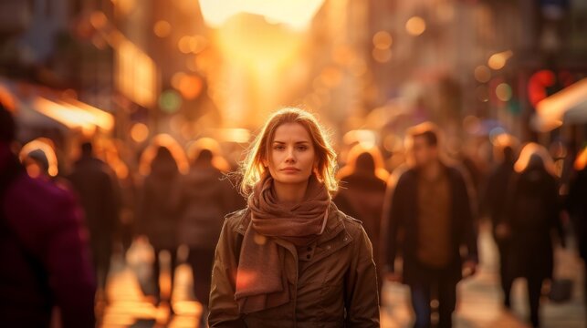 Young Woman Standing In Middle Of Crowd Of People Walking In Sunset Against Golden Light In Downtown District In City