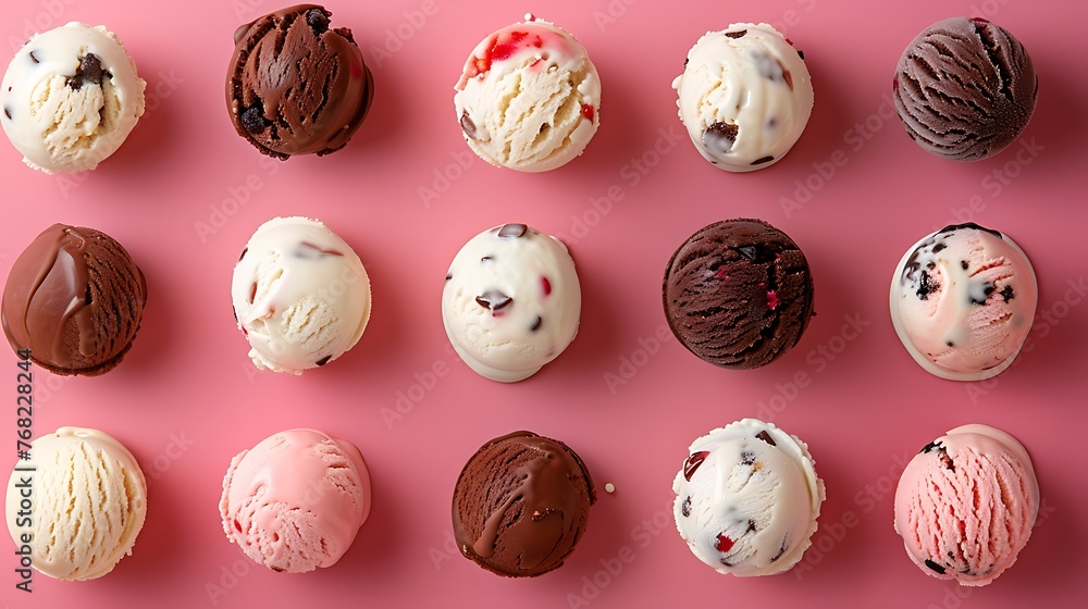 Poster ice cream balls of different flavors are arranged in a grid pattern on a pink background