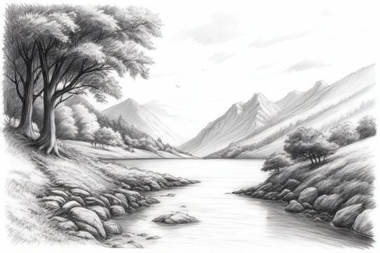 Hand-Drawn Scenic Mountain and River View.
