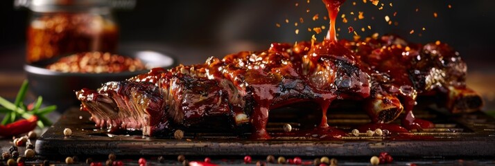 Beef ribs, delicious juicy beef ribs with spices and sauce close-up on a board on a dark...