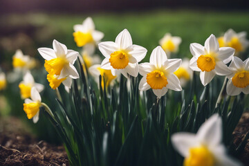 Daffodils blooming. Narcissus flowers bloom at sunset. Selective focus. AI generated