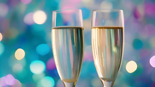 two glasses with champagne with festive colorful bokeh background