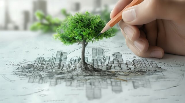 A close-up of a hand drawing green city concept on paper, green city concept environmental innovatio