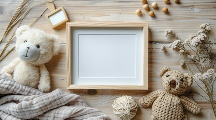 a modern minimalistic square wooden frame mockup on a light wood table, complemented by a teddy bear toy and baby blanket, all bathed in soft beige tones and warm lighting, captured from a top view.