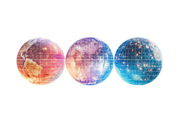 3 digital globes, isolated on transparent background, Generative AI