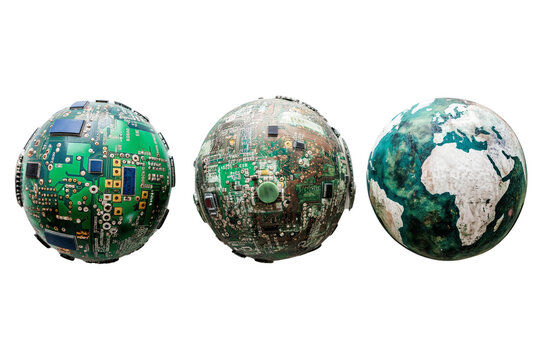 3 earth spheres consisting of computer parts, isolated on a transparent background, Generative AI