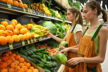 Obraz premium Two women are shopping for produce in a grocery store