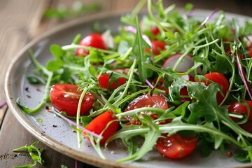 Fresh salad with microgreen, arugula and tomatoes in plate on wooden table