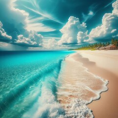 Panoramic view of a stunning white sand beach and turquoise waters in the Maldives, creating a perfect summer holiday backdrop with gentle waves lapping against the shore. - obrazy, fototapety, plakaty