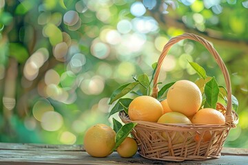 Fresh grapefruits in basket on wooden table on blurred green background