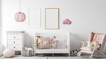 a white baby's nursery adorned with delicate pink and gold decor, showcasing a crib, rocking chair, storage boxes, banner, and a white frame against a pristine white wall