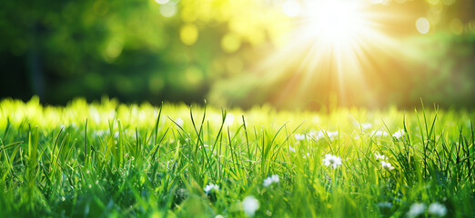 Morning Sunlight Rays Over Fresh Green Grass in Summer Field, Nature's Tranquility Background Wallpaper