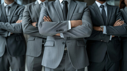 Business team standing confidently with folded hands, wearing gray suits.