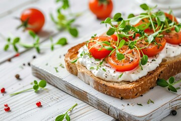 Sandwich with cream cheese, microgreens and tomatoes on wooden table