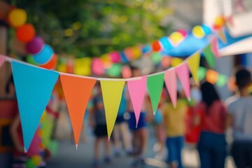 A string of colorful triangular flags are hung on the street, with people blurred in the background during a festival celebration event Generative AI