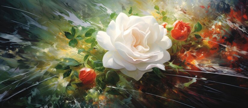 A white rose is depicted in a painting against a stark black background. Surrounding the rose are vibrant green leaves, symbolizing nature and health. A splash of red from a Thai apple adds a burst of