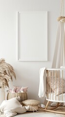 a white baby's nursery adorned with delicate pink and gold decor, showcasing a crib, rocking chair, storage boxes, banner, and a white frame against a pristine white wall