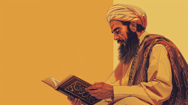 Devout Muslim imam in contemplation with a book. Warm-toned illustration for Arabic background, depicting traditions of Ramadan, Eid al-Fitr, and Eid al-Adha. Design for religious event poster, cultur