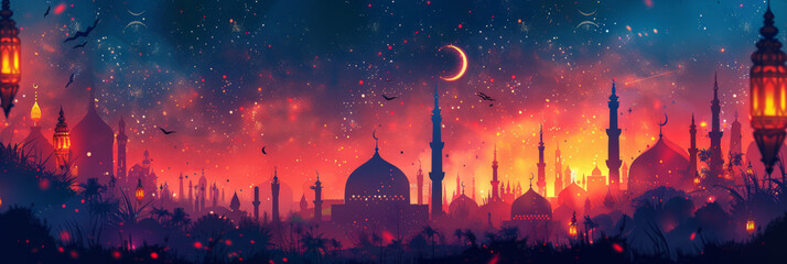 Enchanted cityscape with mosques and lanterns under a crescent moon. Fantasy Arabic night for Ramadan, Eid al-Fitr, and Eid al-Adha. Panoramic design for wallpaper, festive banner - obrazy, fototapety, plakaty
