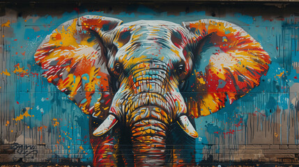 Majestic Elephant Mural Adorning Urban Building - obrazy, fototapety, plakaty