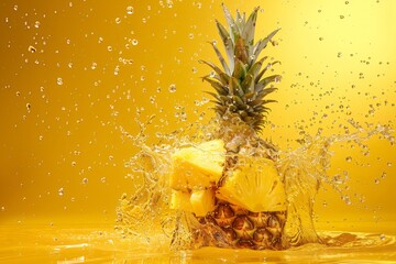 Fresh ripe sliced pineapple in splashes of water, healthy fruit - obrazy, fototapety, plakaty