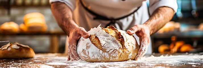 Professional baker with hands covered in flour holding a golden brown loaf of freshly baked bread - obrazy, fototapety, plakaty