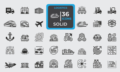 36 Solid Icons for Logistics  set in fill style. Excellent icons collection. Vector illustration. 
