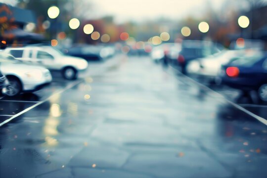 Blurred image of a parking lot, parking in the evening light in the fog