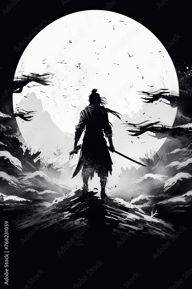 Poster a man in black is holding a sword and standing in front of a red circle.